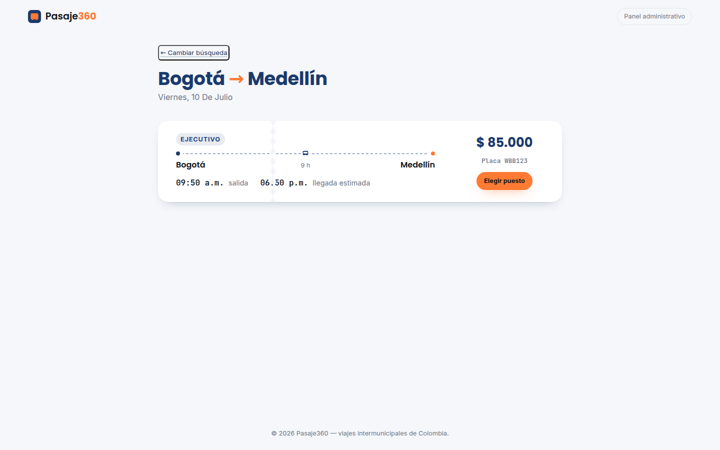Listado de resultados de viajes disponibles en Pasaje360